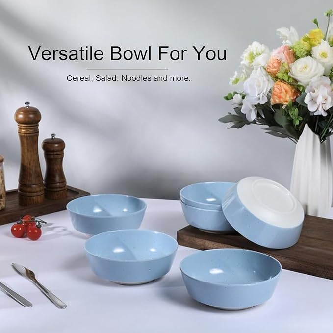 Webbylee 6-inch Melamine Bowls set of 6-20-ounce Dinnerware Cereal Bowls for Soup, Salad & Dessert | Dishwasher Safe & Space Saving(Blue/Beige)