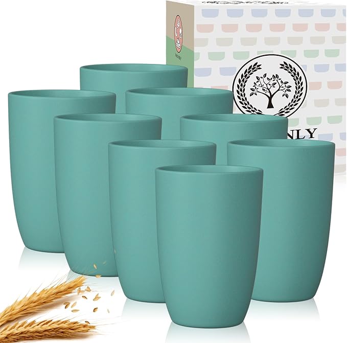 Wheat Straw Cups - 8 PCS Reusable Unbreakable Drinking Glasses, 20 OZ, Dishwasher & Microwave Safe, Green