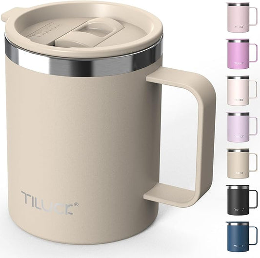 TILUCK 12 oz Insulated Coffee Mug with Lid, Leak-Proof Stainless Steel Travel Mug Cup with Handle for Hot or Cold Drinks(MistyGray, 12oz)