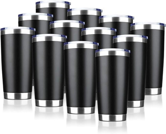 20oz Tumbler Bulk Stainless Steel Vacuum Insulated Tumblers with Lid Double Wall Travel Mug, Durable Powder Coated Coffee Cup, Suitable for Ice Drinks and Hot Beverage (Black 12pack)