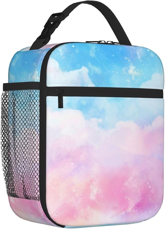 SUPLUCHOM Lunch Bag Pastel Blue Pink Color Insulated Box Reusable with Side Pocket for Girl Boy Women Men Work School Picnic Hiking Daytrip Over 3 Years Old