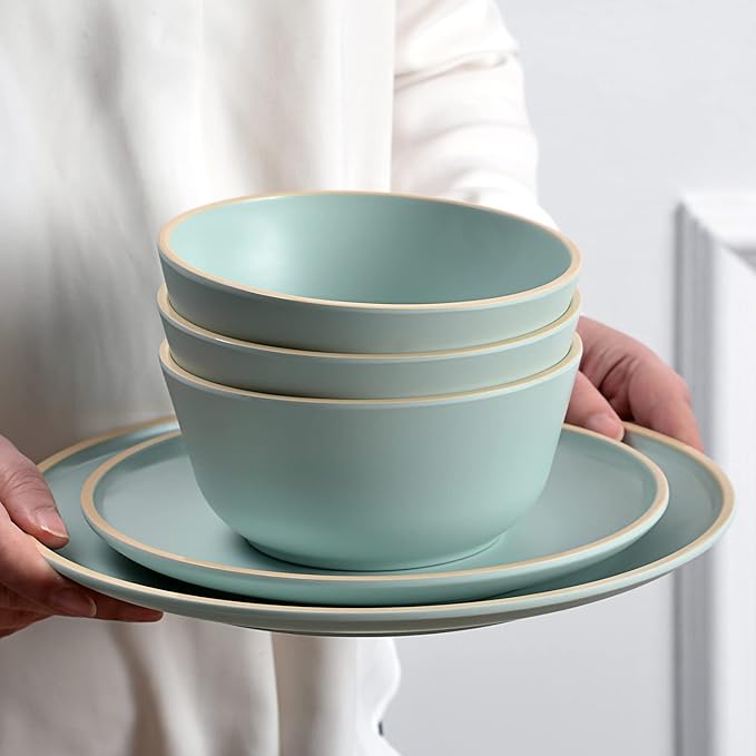 Melamine Dinnerware Sets, Plates and Bowls Sets 12 Pcs, Melamine Plates, Dish Set for 4, Unbreakable Dinnerware Set for Party, BPA Free, Suitable Indoors and Outdoors (Mint Green)