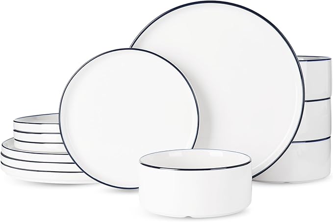 Famiware Porcelain Dinnerware Set, 12-Piece Modern Plate and Bowl Set, Dish Set for 4, Microwave and Dishwasher Safe Tableware, White with Blue Trim
