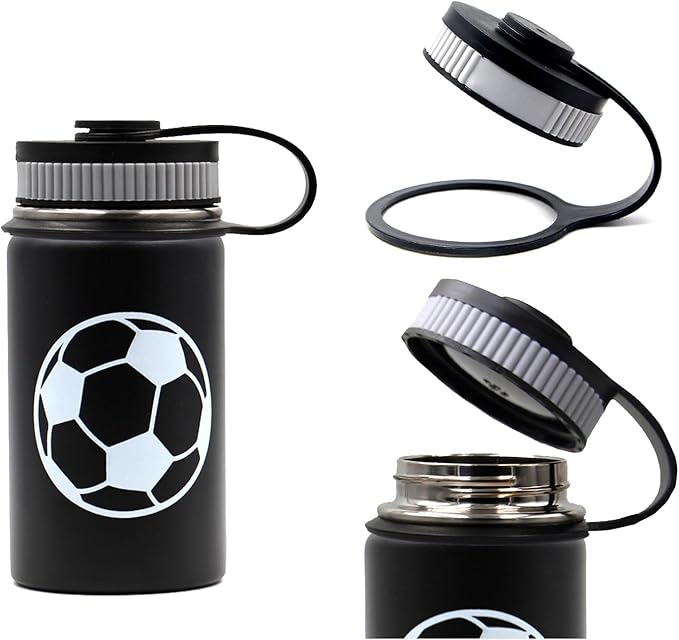 12 oz Soccer Water Bottle, Metal Sports Flask Travel Tumbler with 2 Lids, BPA Free Stainless Steel Leak Proof Double Wall Vacuum Insulated Water Bottles, Soccer Gifts for Boys Girls Player Fans