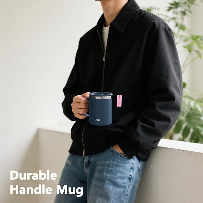 TILUCK 12 oz Insulated Coffee Mug with Lid, Leak-Proof Stainless Steel Travel Mug Cup with Handle for Hot or Cold Drinks(DarkBlue, 12oz)