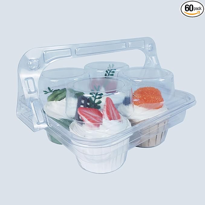 60 Pack of 4-Chamber Handheld Transparent Muffin Container, Disposable Plastic Cupcake Container With Lid, Cake Rack