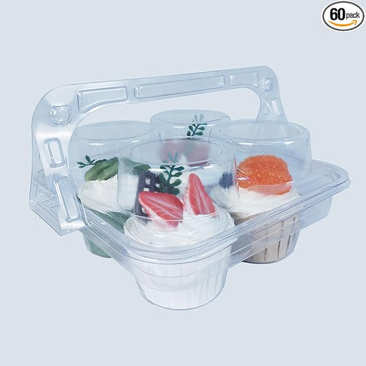 60 Pack of 4-Chamber Handheld Transparent Muffin Container, Disposable Plastic Cupcake Container With Lid, Cake Rack