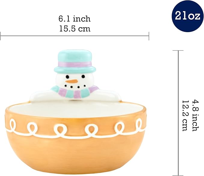 Bico Snowman Ceramic Candy Bowl, 21oz – Hand-Painted Holiday Treat Bowl, Christmas Decorative Dish for Candy, Jam, or Sauce – Microwave & Dishwasher Safe