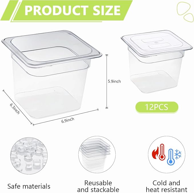 8 Packs Plastic Food Pan with Lids Clear Food Storage Containers 1/6 Size 6 Inch Deep Restaurant Commercial Hotel Pans Stackable Polycarbonate Pan for Vegetables Fruits Beans Corns