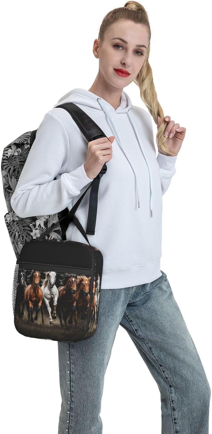 Wild Horse Lunch Bag, Polyester Tote Bags with Horses on Black Background, Insulated Lunchbox, Portable Lunchbag Decor Gifts for Work, Picnic, School, Travel, Hiking, Beach or Fishing
