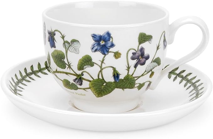 Portmeirion Botanic Garden 10oz Teacup and Saucer - Set of 6 | Assorted Floral Motifs | Fine Earthenware | Chip Resistant Glaze | Dishwasher, Microwave, Freezer, Oven Safe | Made in England