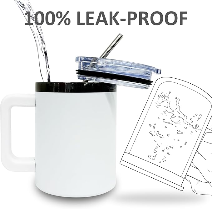 10 oz Tumbler with Handle and Straw Stainless Steel Insulated Coffee Mug for Laser Graving Powder Coated Cup with Black Plated(White,12 pack)