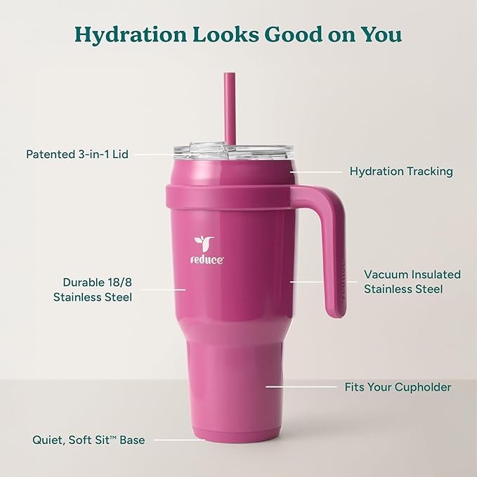 REDUCE 40 oz Stainless Steel Tumbler with Handle - Dual-Wall Vacuum Insulated Travel Mug, Sweat-Proof Lid & Reusable Straw - Keeps Drinks Cold for 24 Hrs, Fits Cupholders, Dishwasher Safe - Sangria