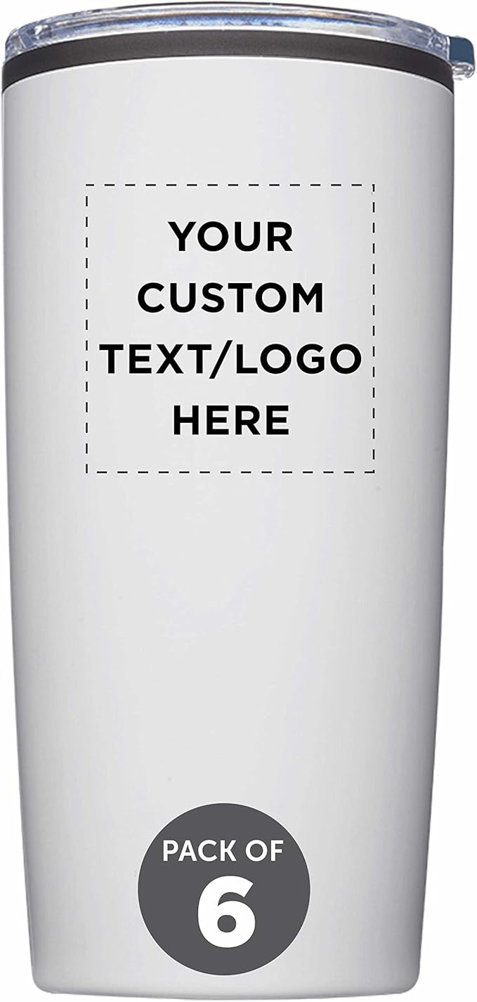 Custom Plastic Tumblers 20 oz. Set of 6, Personalized Bulk Pack - With lids, Ice Coffee Tumbler, To Go Cup, Insulated - White