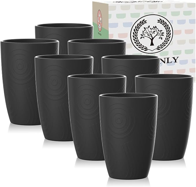 Homienly Wheat Straw Cups 8 PCS Plastic Cups Unbreakable Drinking Cup Reusable Dishwasher Safe Water Glasses with Black Colors (12 OZ)