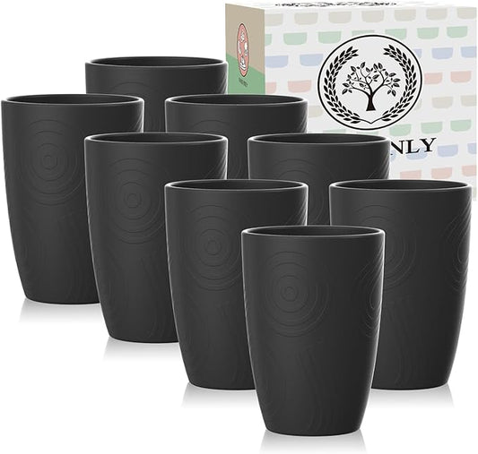 Homienly Wheat Straw Cups 8 PCS Plastic Cups Unbreakable Drinking Cup Reusable Dishwasher Safe Water Glasses with Black Colors (12 OZ)