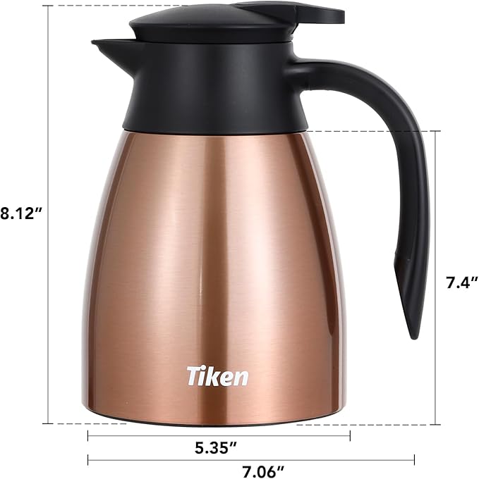 Tiken 34 Oz Thermal Coffee Carafe, Stainless Steel Insulated Vacuum Coffee Carafes For Keeping Hot, 1 Liter Beverage Dispenser (Copper)