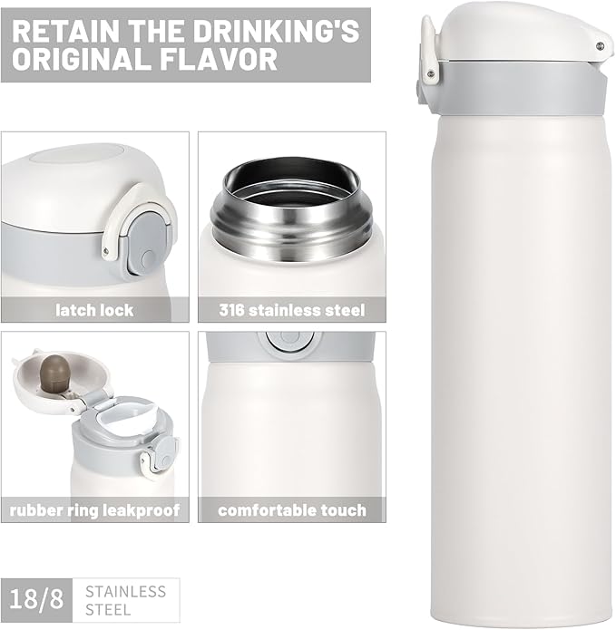 17 oz / 500 ml Insulated Water Bottle, Stainless Steel Thermo Coffee Travel Mug, Thermal Cup with Snap Flip Lid, BPA Free for Hot and Cold Drinking, White
