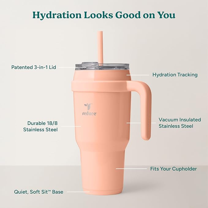 REDUCE 40 oz Stainless Steel Tumbler with Handle - Dual-Wall Vacuum Insulated Travel Mug, Sweat-Proof Lid & Reusable Straw - Keeps Drinks Cold for 24 Hrs, Fits Cupholders, Dishwasher Safe - Sedona