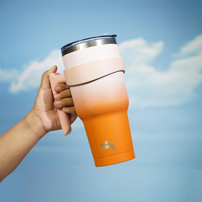 30 oz Tumbler with Handle and 2 Straw 2 Lid, Insulated Water Bottle Stainless Steel Vacuum Cup Reusable Travel Mug,Coral