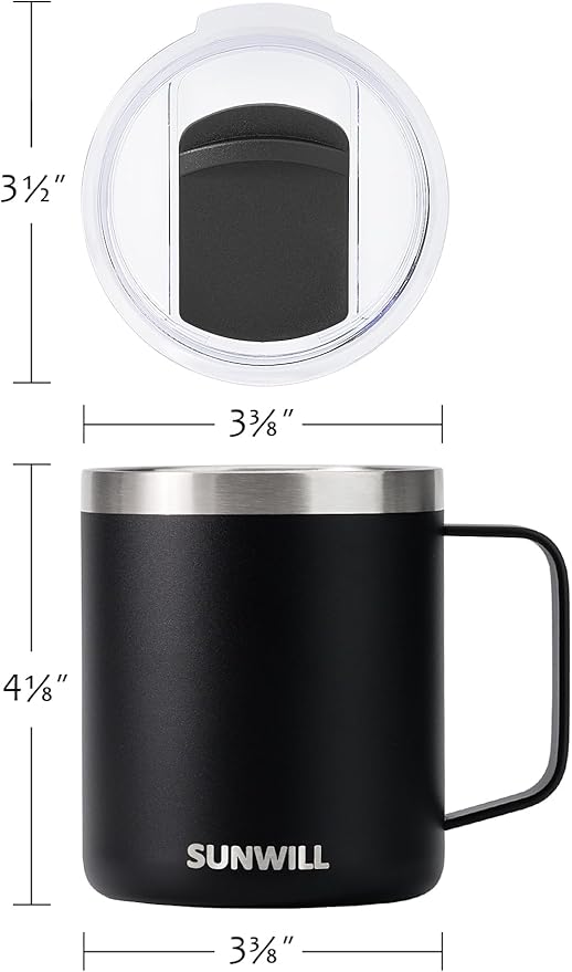 SUNWILL Travel Coffee Mug with Lid, Insulated Tumbler with Handle, 14oz Stainless Steel Cup for Camping, Outdoor, Powder Coated Black