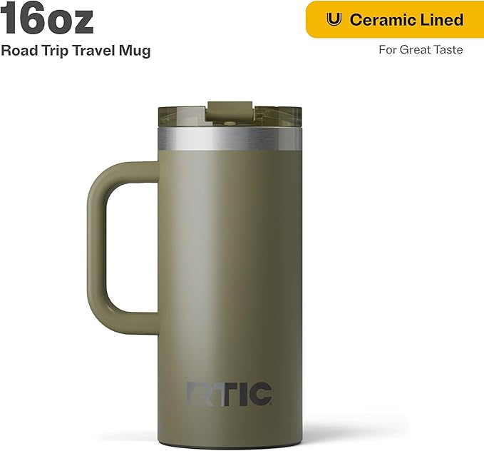 RTIC 16oz Road Trip Travel Mug with Lid and Handle, Ceramic Lined, Insulated, Stainless Steel, Metal, Double Wall Vacuum-Insulation, Portable Coffee, Tea Cup for Hot and Cold Drink, Olive
