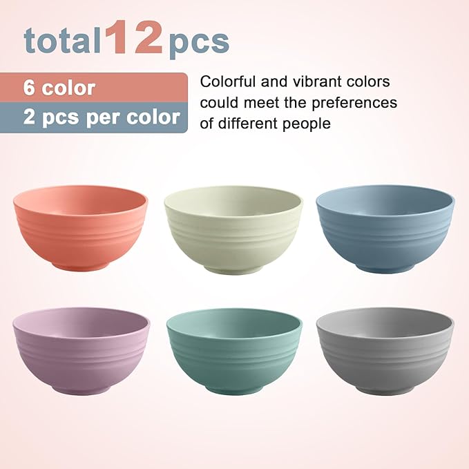 12 Pcs Unbreakable Cereal Bowls Set, 26 Oz Wheat Straw Bowls Set, Microwave & Dishwasher Safe Bowls for Kitchen, Reusable Plastic Bowls for Soup, Salad and Snack, BPA Free, Multicolor