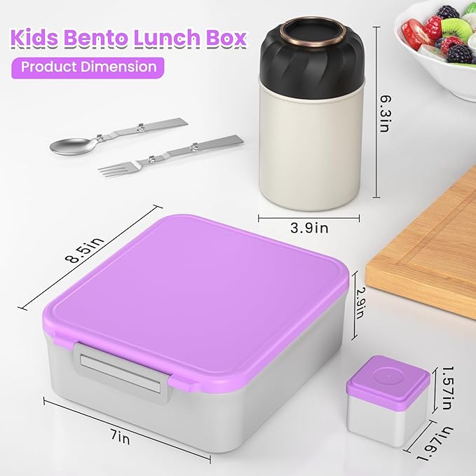 Bento Lunch Box Set with 17oz Soup Thermo, Lunch Box for Kids with Folding Fork & Spoon, Leakproof Lunch Food Containers with 4 Compartment for School, Office, Travel and Park Pinic