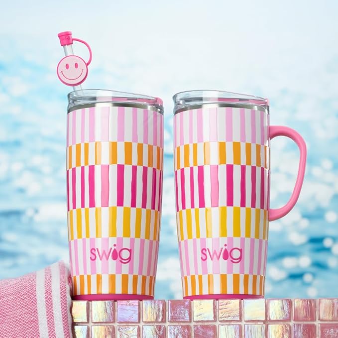 Swig Life 22oz Travel Mug, Insulated Tumbler with Handle and Lid, Travel Coffee Mug, Cup Holder Friendly, Stainless Steel 22 oz Tumbler, Reusable Insulated with Lid (Sherbet Stripe)