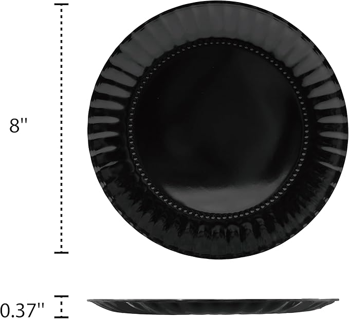 TP 8 inch Plates Set of 8, Melamine Round Plates for Salad Appetizer Dinner Lunch, Dessert Dishes for Indoors and Outdoors, Black