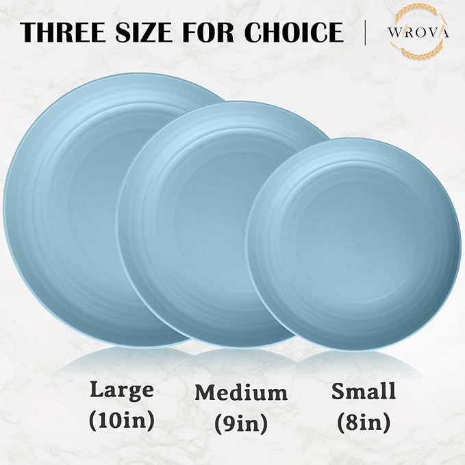 Wrova Wheat Straw Plates - 10 Inch Unbreakable Deep Dinner Plate Set of 8 - Dishwasher & Microwave Safe Plastic Plates Reusable - Lightweight Plate for Kitchen,Outdoor, RV. (Light Blue)
