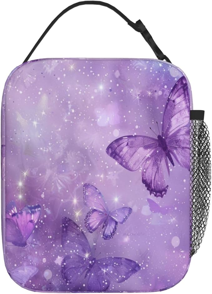 SUPLUCHOM Lunch Bag Butterfly Purple Pastel Insulated Box Reusable with Side Pocket for Girl Boy Women Men Work School Picnic Hiking Daytrip Over 3 Years Old