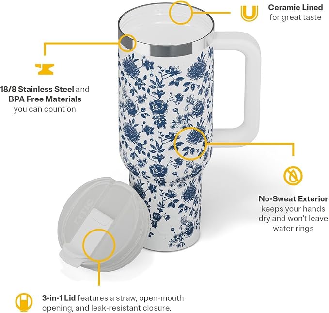 RTIC 40 oz Road Trip Tumbler Double-Walled Cermaic Lined Insulated Stainless Steel Portable Travel Coffee Mug Cup with Lid, Handle and Straw, Blue Bouquet