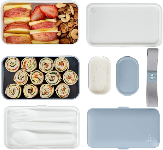 Restaurantware Bento Tek 40.5 Ounces Stackable Lunch Box 1 Reusable Adult Lunch Container - With Utensils Included Sauce Cup Blue & White Plastic Layered Lunch Box Microwavable Dishwashable