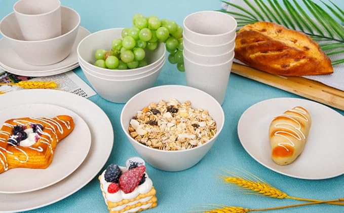 Supernal 32pcs Wheat Straw Dinnerware Sets Cream Color,Plates and Bowls Sets,Beige Plastic Dinnerware Sets, Dish Set for 8 with 25pcs Gold Napkins, Dishwasher Safe Plates