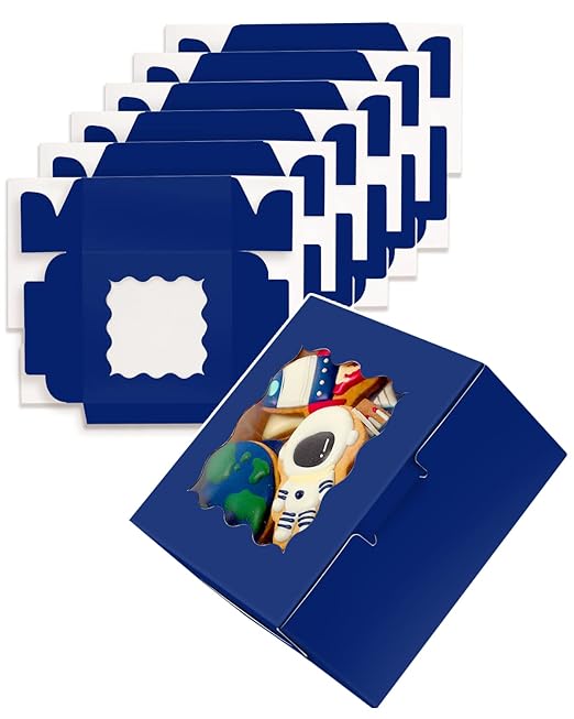 qiqee Navy Blue Cookie Boxes with Window 36packs 6x6x3 Navy Blue Bakery Box Pastry Box for Wedding Favor Birthday ＆ Party