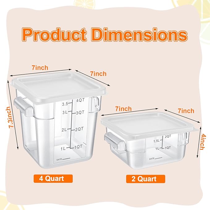 Suclain 8 Pcs Food Storage Container with Lids Set 2qt and 4qt Square Clear Commercial Containers with Scales Handles for Home Restaurant Kitchen Food Storage, Marinating Meat, Proof Dough (White)