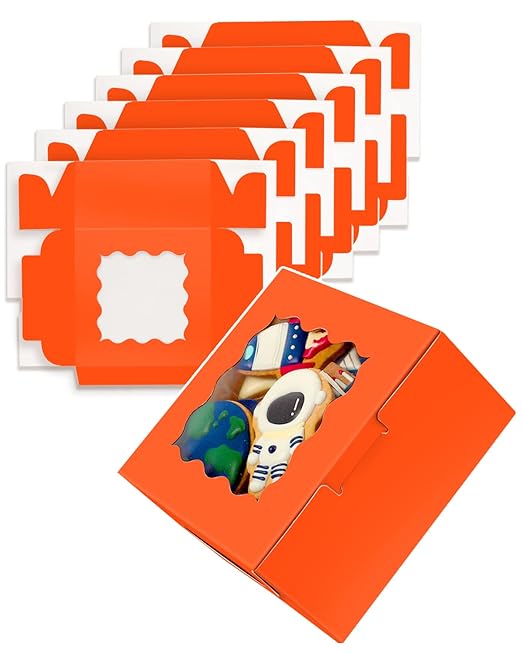 qiqee Orange Cookie Boxes with Window 36packs 6x6x3 Orange Bakery Box Pastry Box for Wedding Favor Birthday ＆ Party