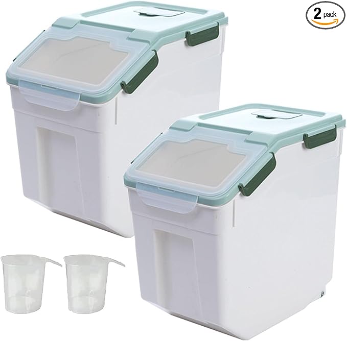 AnRui Rice Storage Container 50LB, Airtight Flour Storage Containers, Plastic Cereal Grain Dispenser Organizer Pet Food Storage Bin with Lid, Measuring Cup, Scoop, Green, 2Pcs(Total Capacity:100LBS)