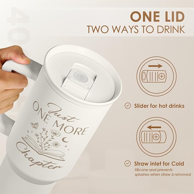 Book Lover Gifts for Women, Just One More Chapter Tumbler with Handle, Stainless Steel Insulated Coffee Travel Mug Cup, Gifts for Women Girls Bookworm on Christmas Birthday, 40oz