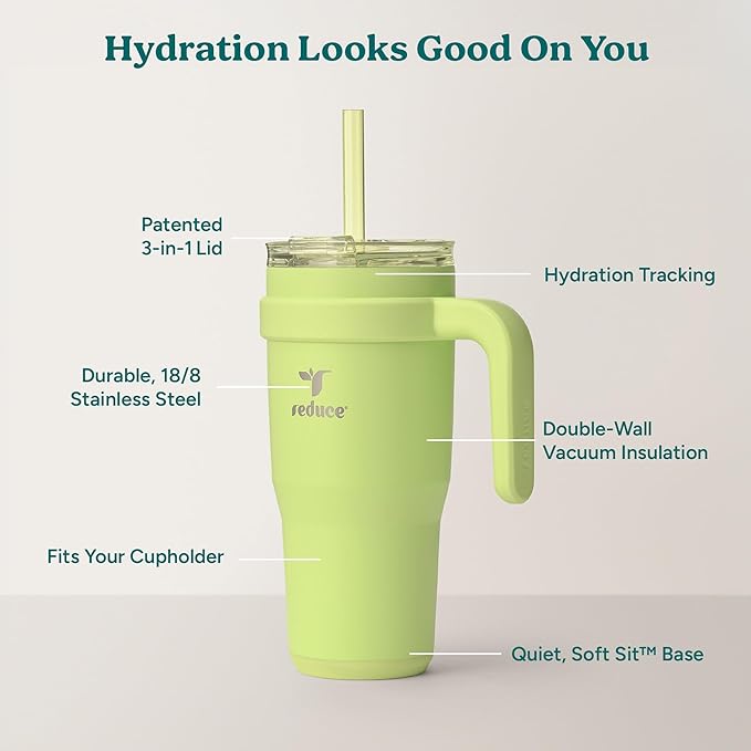 REDUCE 24 oz Stainless Steel Tumbler with Handle - Dual-Wall Vacuum Insulated Travel Mug, Sweat-Proof Lid & Reusable Straw - Keeps Drinks Cold for 24 Hrs, Fits Cupholders, Dishwasher Safe - Mojito