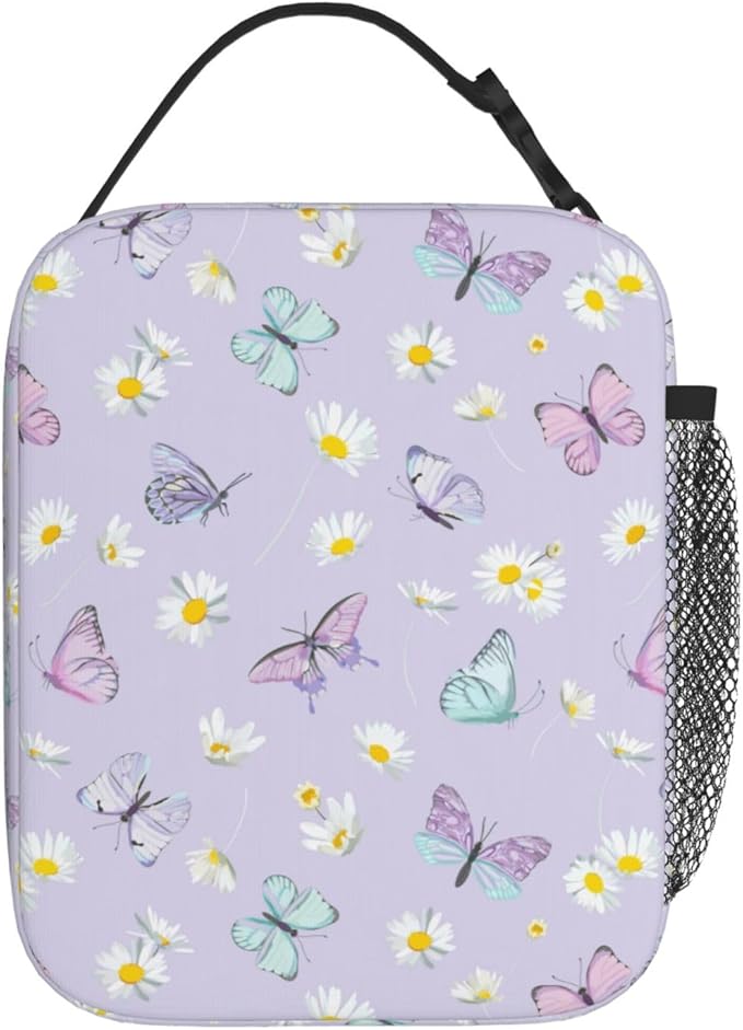 SUPLUCHOM Custom Lunch Bag With Name Butterfly Flower Personalized Insulated Box Customized Food Tote Container Side Pocket for School