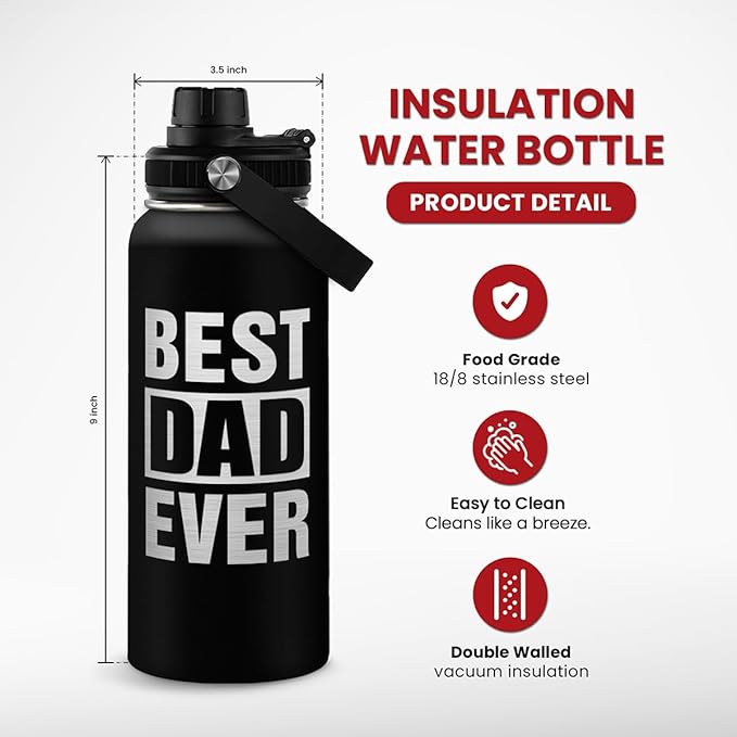 Best Dad Ever Water Bottle 32oz - Stainless Steel Insulated Sports Bottle with Straw Lid, Gifts for Father from Daughter Son