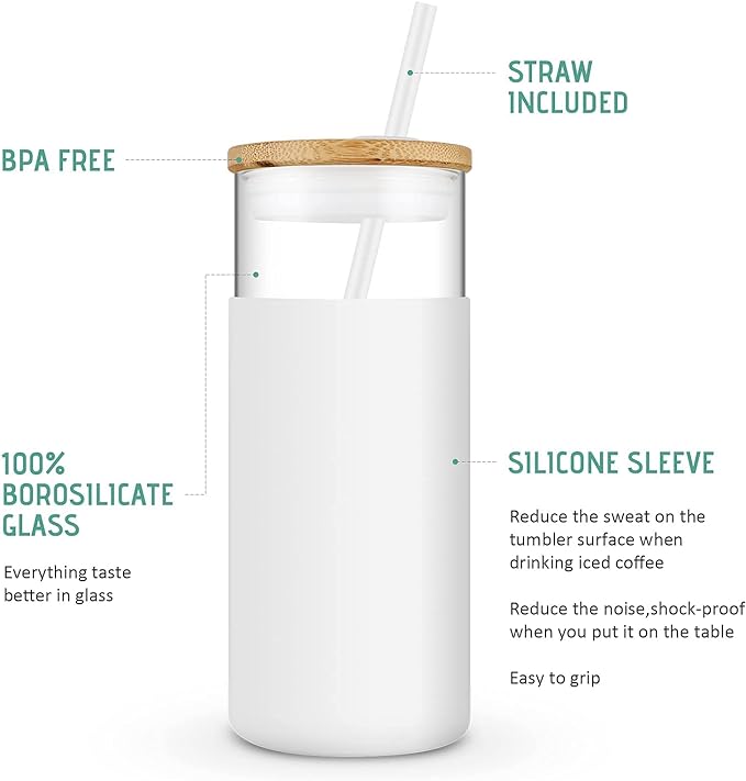 Tronco 20 oz Glass Tumbler with Lid and Straw, Iced Coffee Cup and Smoothie Cup with Bamboo Lids & Protective Silicone Sleeve, Dishwasher Safe, BPA-Free, Glass Cup 1 Pack