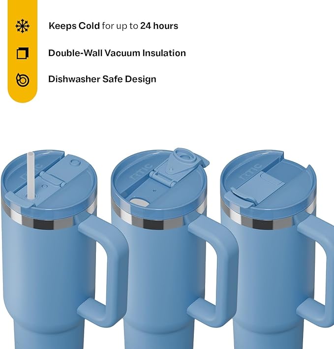 RTIC 40 oz Road Trip Tumbler Double-Walled Insulated Stainless Steel Portable Travel Coffee Mug Cup with Lid, Handle and Straw, Denim