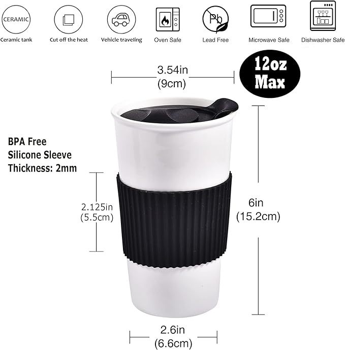 Ceramic Travel Coffee Mug with Non-Slip Silicone Sleeve, and Slider Splash Resistant Lid, To Go Tumbler for Car Cup Holder, Reusable White Coffee Cup, Gifts for Women Men Him Her, 12 oz, Black
