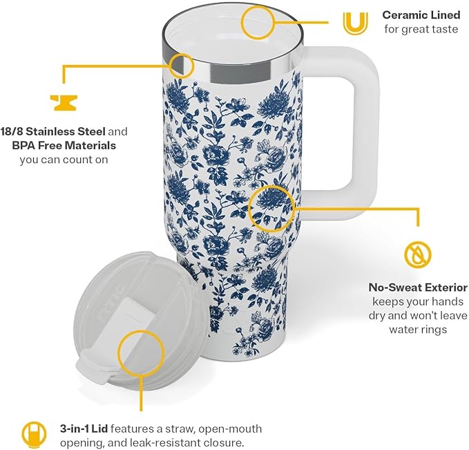 RTIC 30 oz Road Trip Tumbler Double-Walled Ceramic Lined InsulatedStainless Steel Portable Travel Coffee Mug Cup with Lid, Handle and Straw, Blue Bouquet