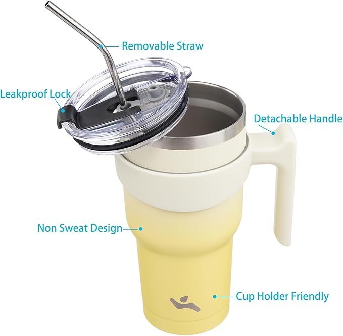 40 oz Tumbler with Handle and 2 Straw 2 Lid, Insulated Water Bottle Stainless Steel Vacuum Cup Reusable Travel Mug,Lemon