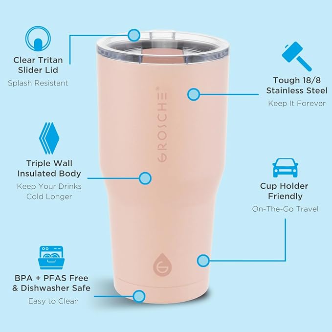 GROSCHE Yukon 20 oz Insulated Coffee Mug with Lid - Durable Travel Mug, Stainless Steel Tumblers, Vacuum Insulated Coffee Tumbler for Hot or Cold Beverages - PINK