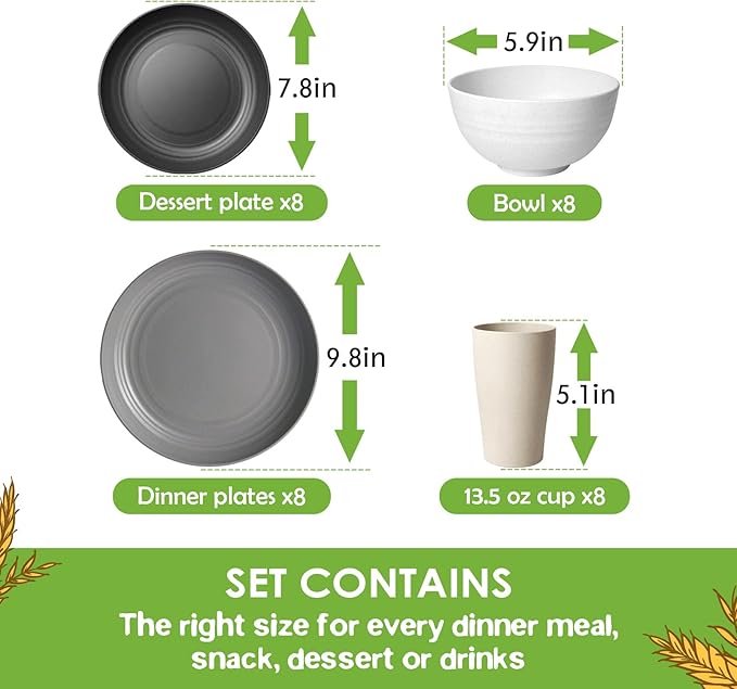 Teivio 32-Piece Kitchen Plastic Wheat Straw Dinnerware Set, Service for 8, Dinner Plates, Dessert Plate, Cereal Bowls, Cups, Unbreakable Colorful Plastic Outdoor Camping Dishes, Stone